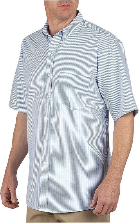 Camisa Oxford de manga corta con botones para hombre color azul con rayas blancas