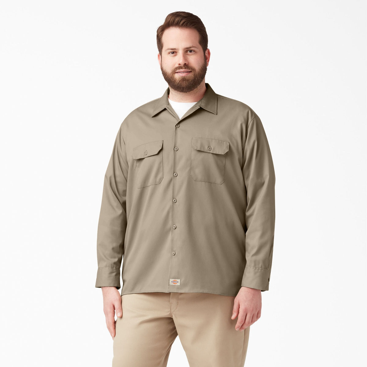 Camisa de trabajo Dickies de sarga flexible manga larga para hombre color arena del desierto