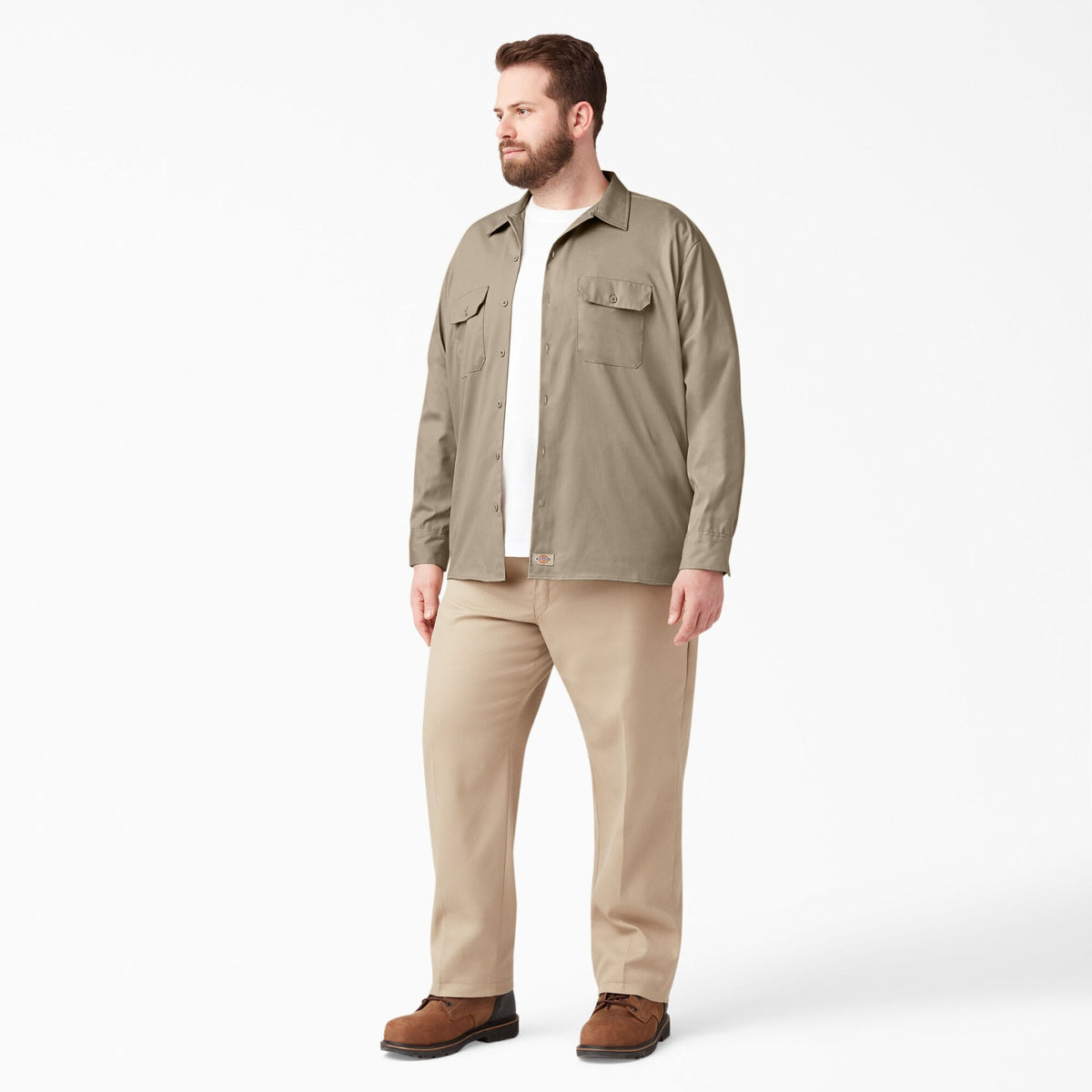 Camisa de trabajo Dickies de sarga flexible manga larga para hombre color arena del desierto