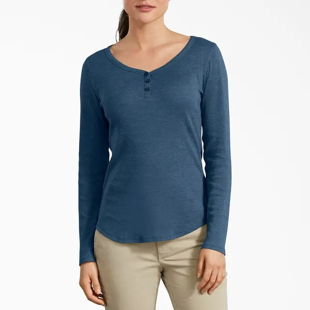 CAMISETA HENLEY DICKIES MANGA LARGA MUJER -AZUL DENIM OSCURO