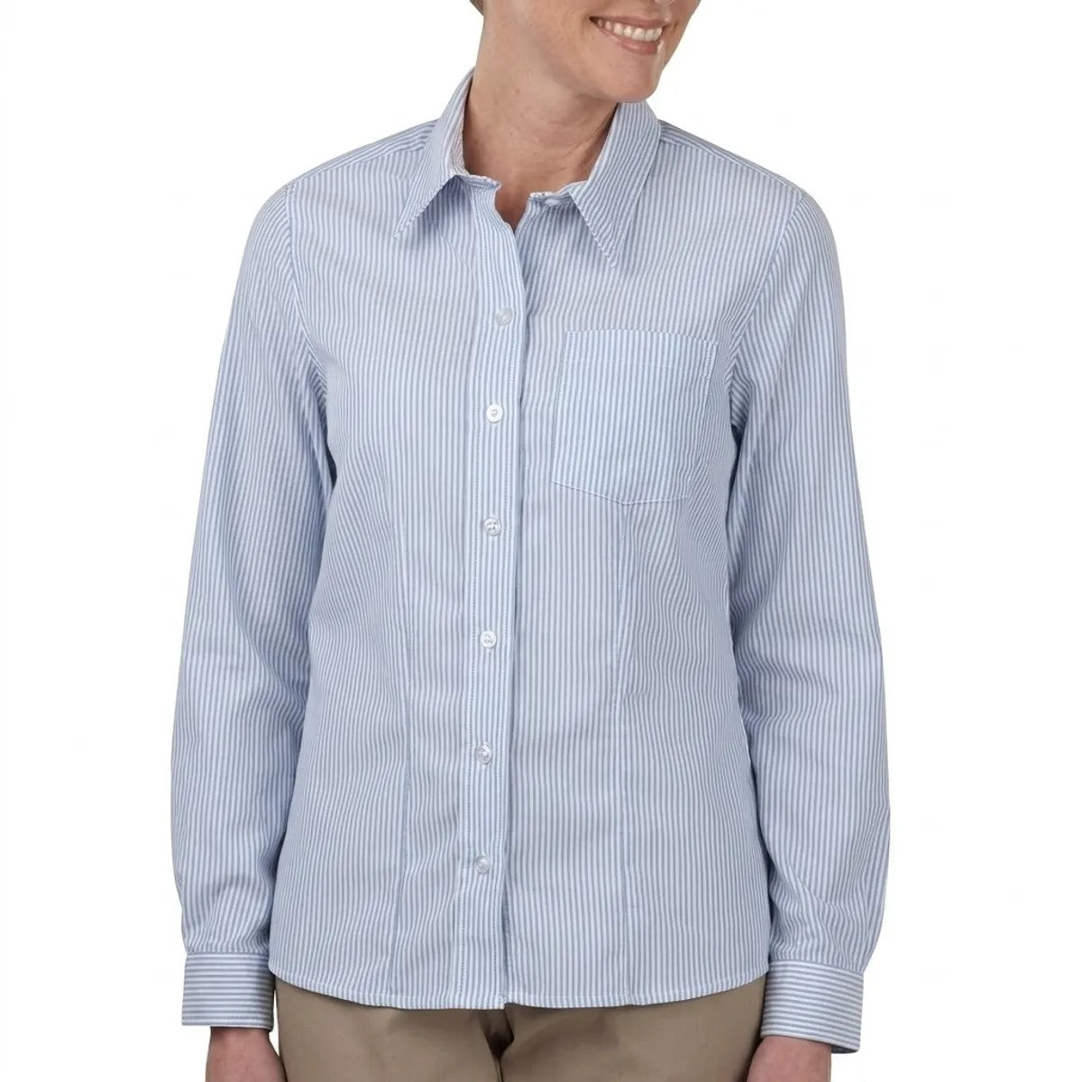 CAMISA DICKIES PARA MUJER MANGA LARGA OXFORD  RAYA AZUL BLANCA